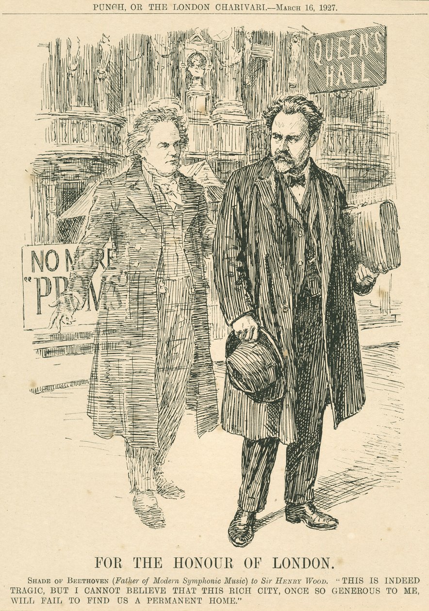 Henry Wood ve Kraliçe'nin Salonu önünde Beethoven'ın hayaleti, Punch veya The London Charivari'den gravür, 16 Mart by Unbekannt