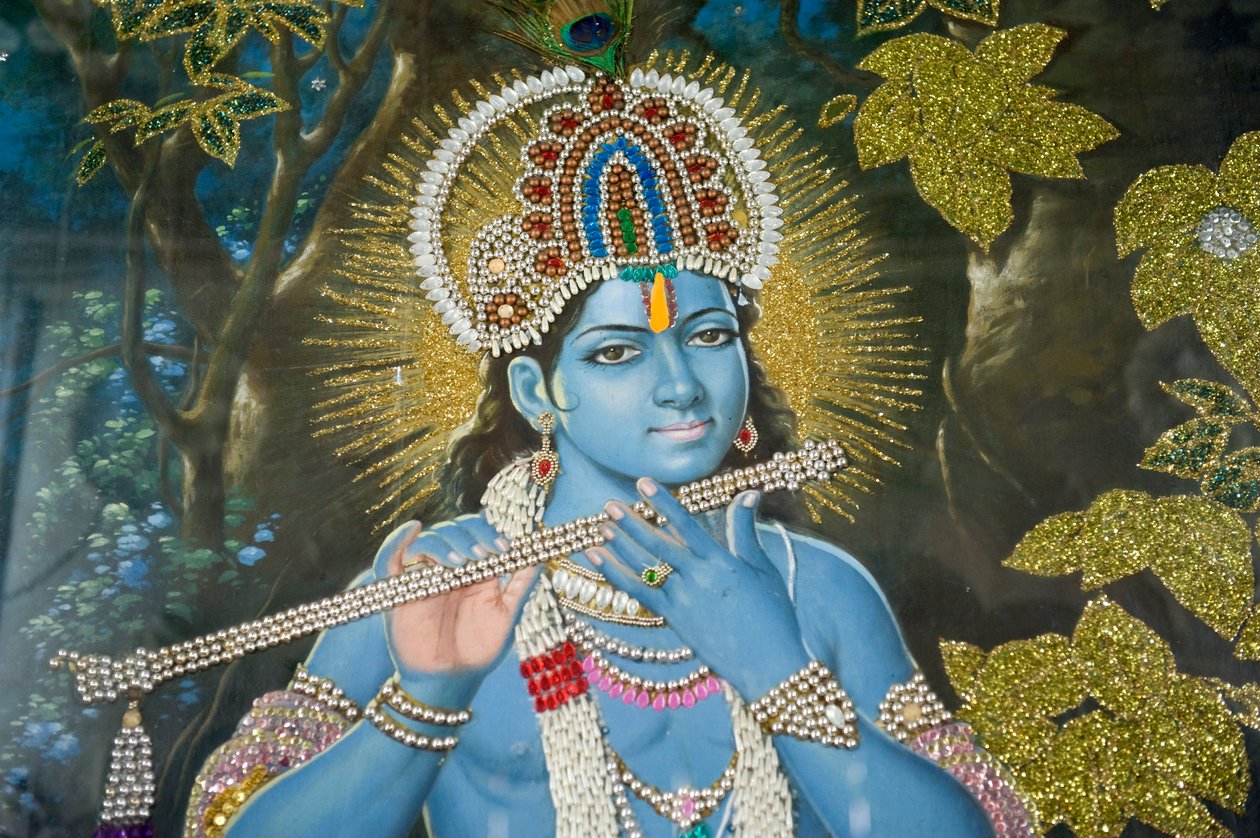 Hinduizm; Lord Krishna'nın flütle boyanması; Durgiana Mandir Vishnu Tapınağı; Amritsar; Pencap; Hindistan; Güney Asya; Asya by Unbekannt