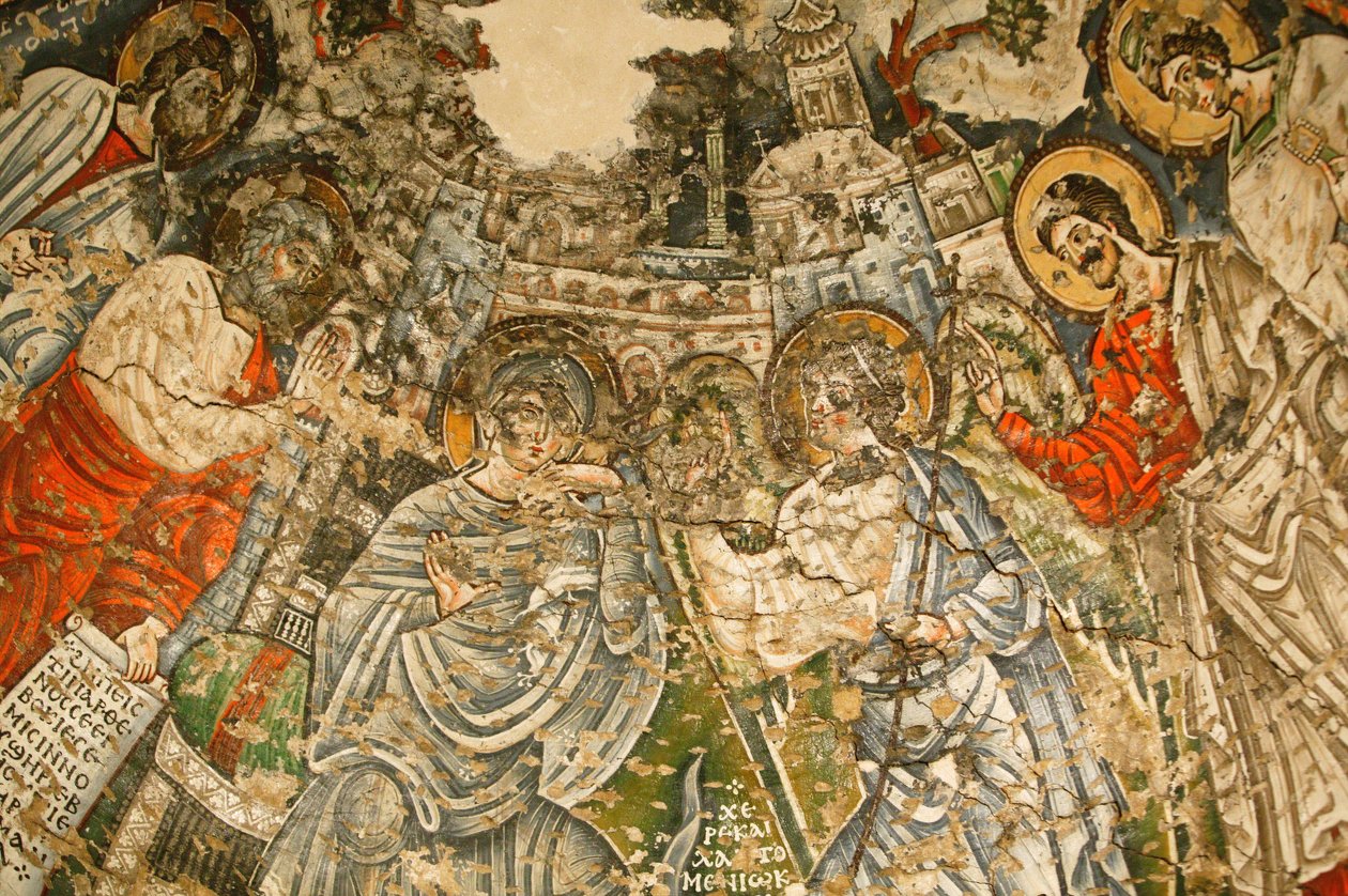 Kutsal Bakire ve Aziz John Kame Kıpti Manastırı: 9.yy. fresk: Müjde. Meryem, Musa, Esaiah, Ezechiel ve Daniel peygamberleriyle çevrilidir. Mısır by Unbekannt