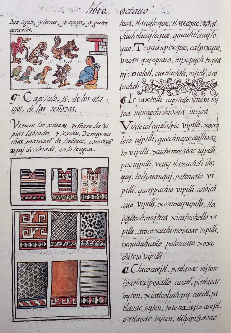 Huipil, soyluların işlemeli bluzlarla giydiği kadın giysisi, Florentine Codex