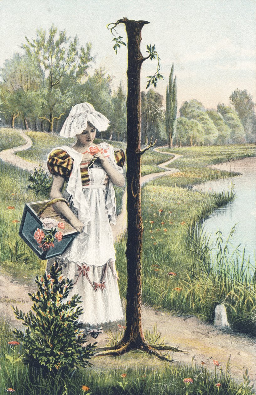 I: Ayakta duran elbiseli, önlüklü ve başlıklı bir kadın sağ kolunda sepet tutmaktadır. Ülke dekoru - Alfabe karakterleri Ref Th. E., L. Theochrom - Serie 994. Theodor Eisman, yayıncı, Leipzig by Unbekannt