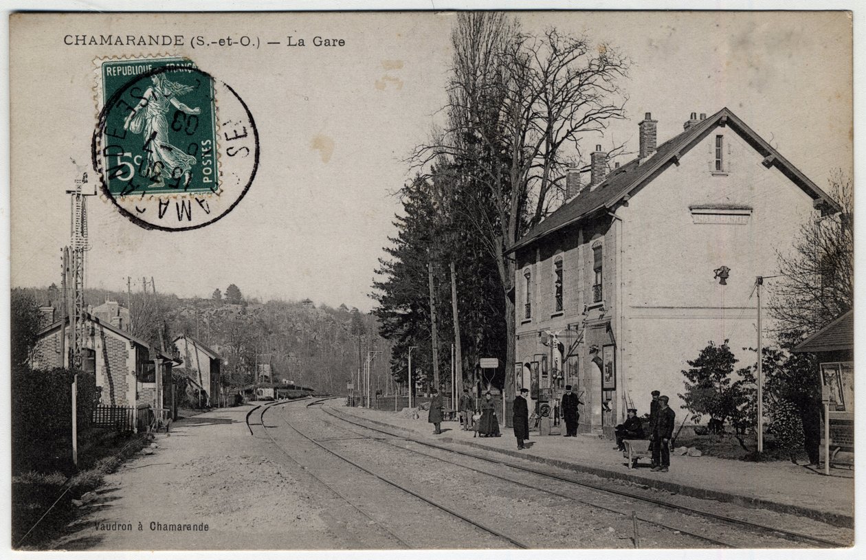 Ile de France, Essonne (91), Chamarande: tren istasyonunun görünümü - 1908 tarihli kartpostal by William M. Timlin