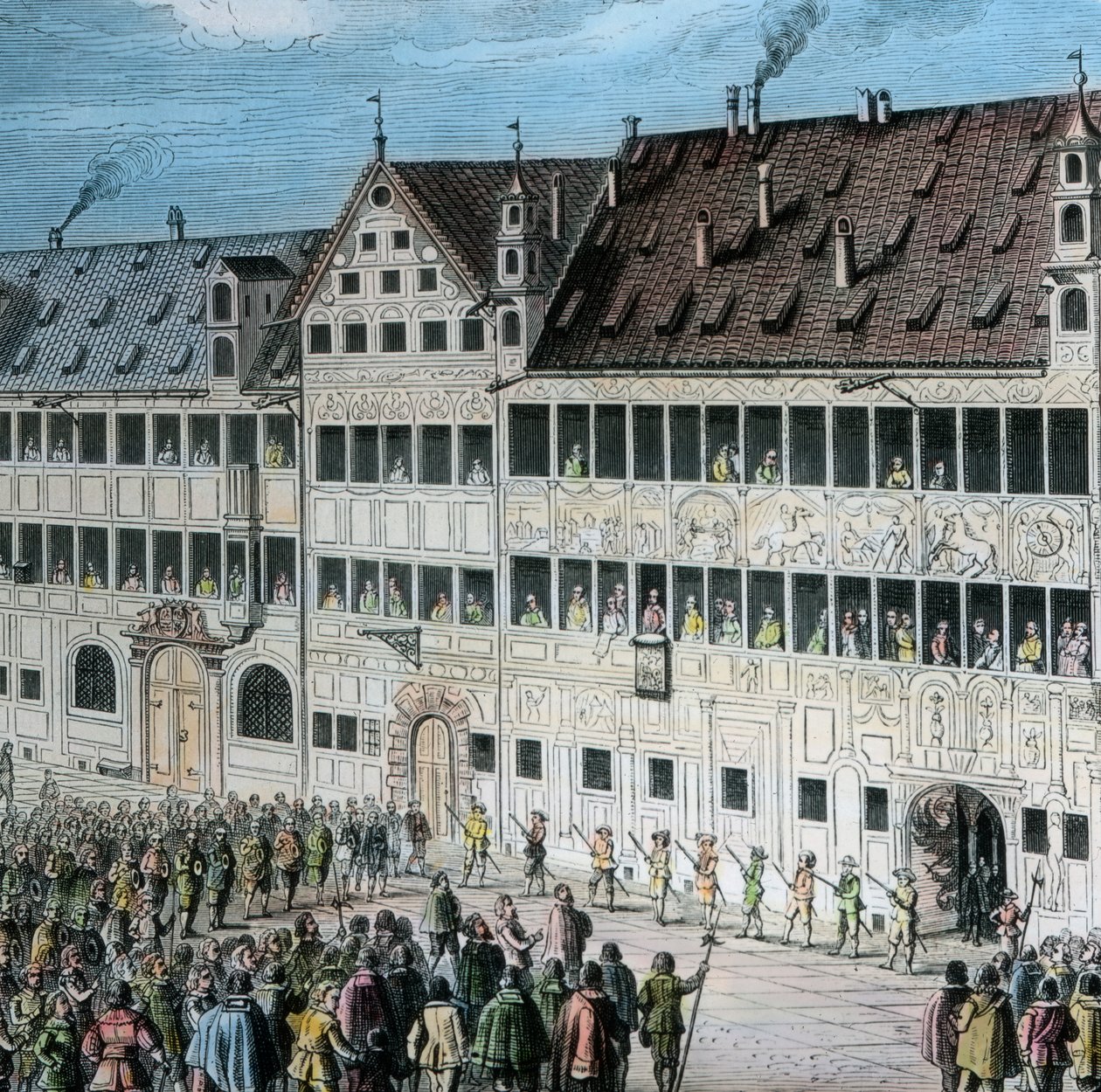 Augsburg kentindeki Weinmarkt'taki Fugger evinin önünde insanlar İsveç kralı Gustav Adolf'a saygı duruşunda bulunuyor by Unbekannter Künstler