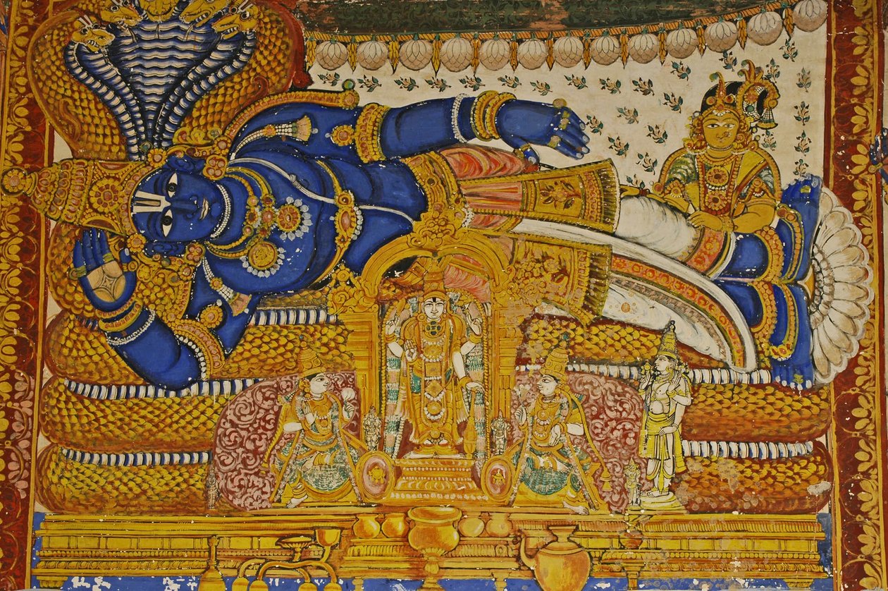 Hindistan, Tamil Nadu, Srirangam, Sri Ranganathasvami Hindu Tapınağı (orig 10. yüzyıl), Vishnu'nun duvar resmi. by Unbekannt