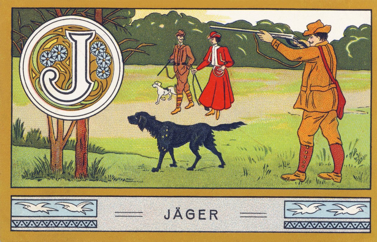 J: Jager - Palmiye Alfabesi. H. Schlinck & Cie, Hamburg, sd tarafından yayınlanan kromolitograf serisi. Palmin Feintes Cocosfett'in reklamı. Boyutlar: 7x11cm by Unbekannter Künstler