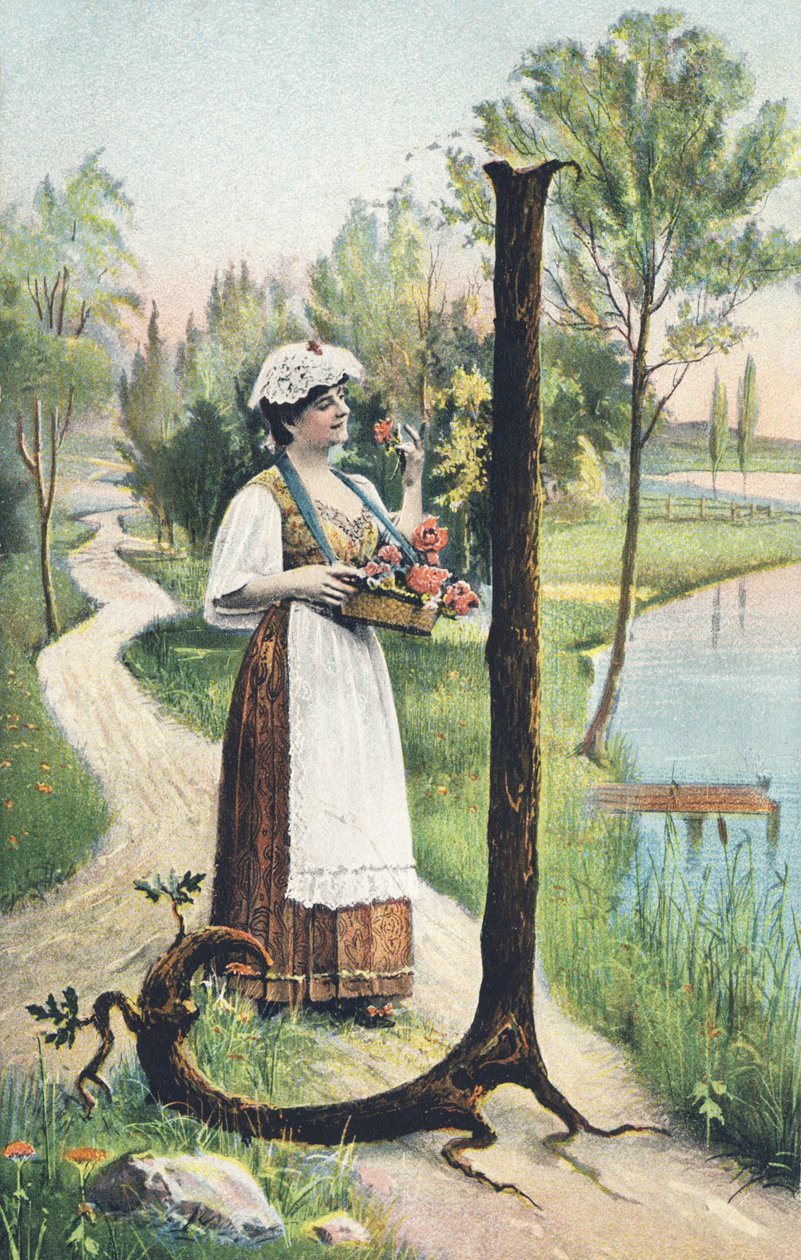 J: Uzun etekli, önlüklü ve korsajlı ayakta duran bir kadın bir sepet çiçek taşır. Ülke dekoru - Alfabe karakterleri Ref Th. E., L. Theochrom - Serie 994. Theodor Eisman, yayıncı, Leipzig by Unbekannt