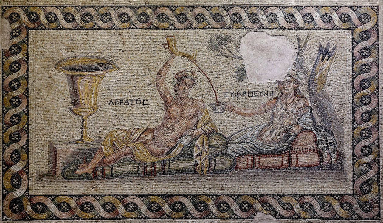 Kratos (Cratos) ve Euphrosyne (Euthymia) - Mozaik, Akratos ve Euphrosyne, Zeugma Mozaik Müzesi, Gaziantep, Güneydoğu Anadolu Bölgesi, Anadolu, Türkiye, Asya by Unbekannter Künstler
