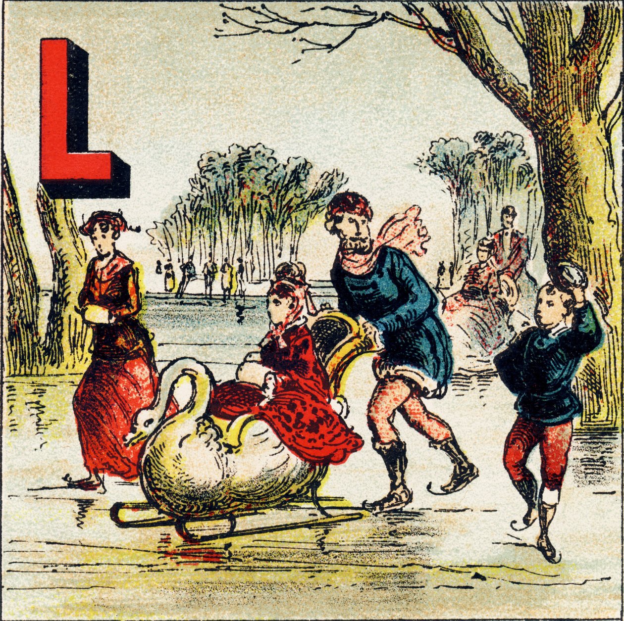 L: göl. Göl, karayla çevrili büyük bir su kütlesidir. Cenevre Gölü, takdire şayan bir göldür - Coğrafi Alfabeden çıkarılan gravür. Guerin-Muller et Cie, yayıncılar, Paris by Unbekannt