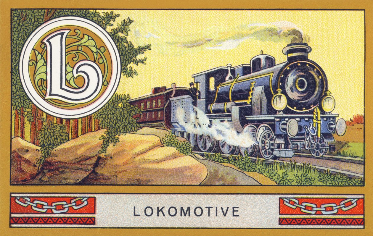 L: Lokomotif - Palmin Alfabesi. H. Schlinck & Cie, Hamburg, s tarafından yayınlanan kromolitograf serisi. D. . Palmin Feintes Cocosfett