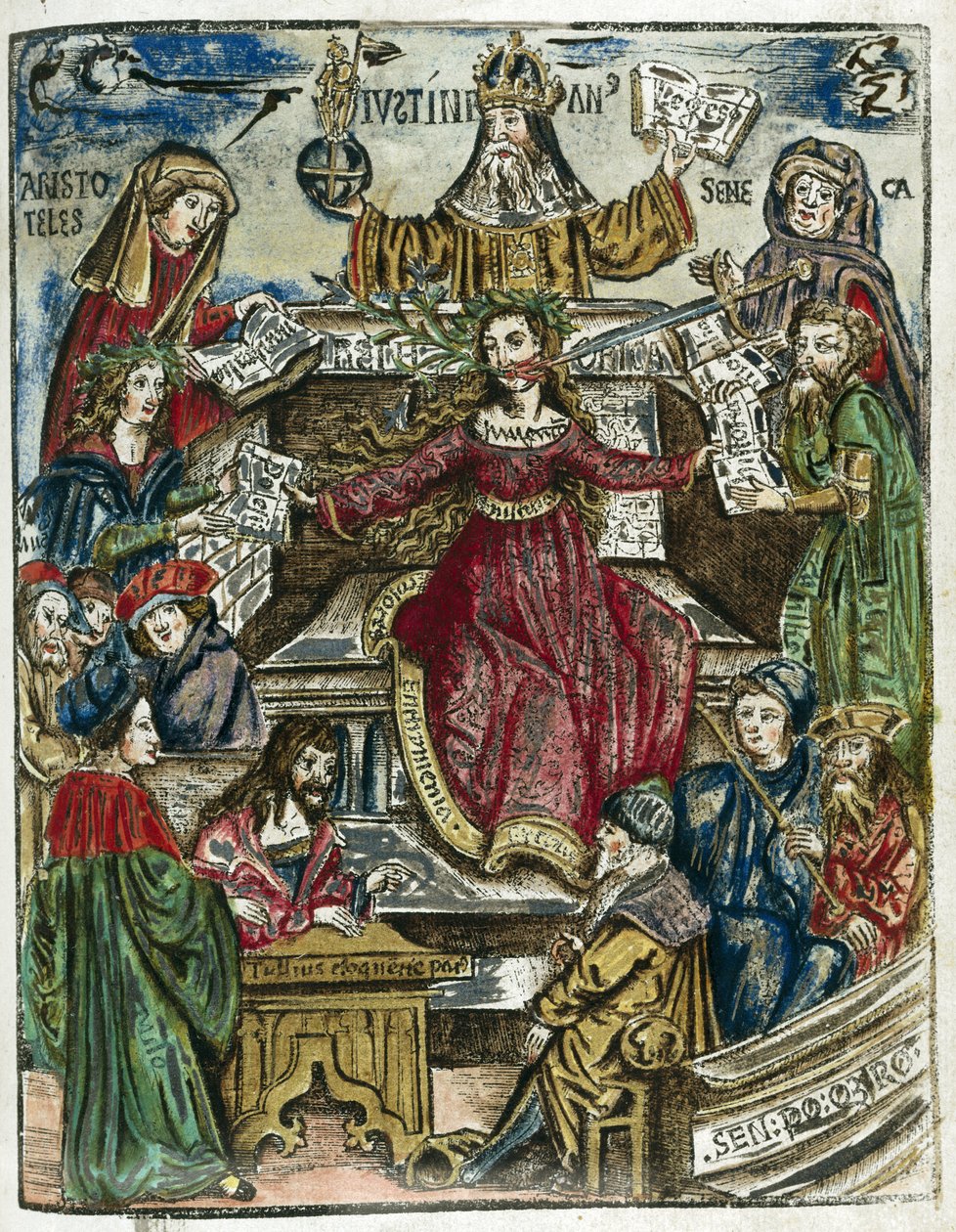 16. yüzyıl bilgi dalları: her biri farklı kişiliklerle temsil edilir: en üstte, felsefe için Aristoteles (MÖ 384-322) ve ahlak için Seneca (Lucius Annaeus Seneca, 4 BC-65) by Unbekannt
