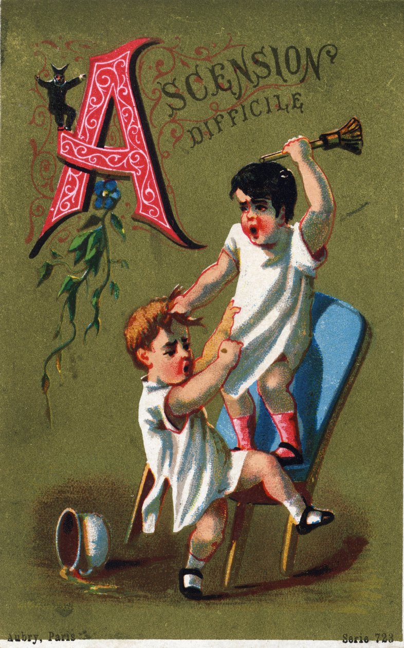 A harfi: Zor çıkış. "Alphabet des grotesques" de gravür. Dore bir arka plan üzerinde 25 reklam kromolitograf serisi, 19. yüzyılın sonlarında. Karartma: 11x7 cm by Unbekannt
