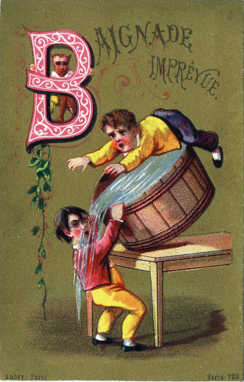B harfi: Gözden geçirilmiş banyo. "Alphabet des grotesques" de gravür. Dore bir arka plan üzerinde 25 reklam kromolitograf serisi, 19. yüzyılın sonlarında. Karartma: 11x7 cm by Unbekannt