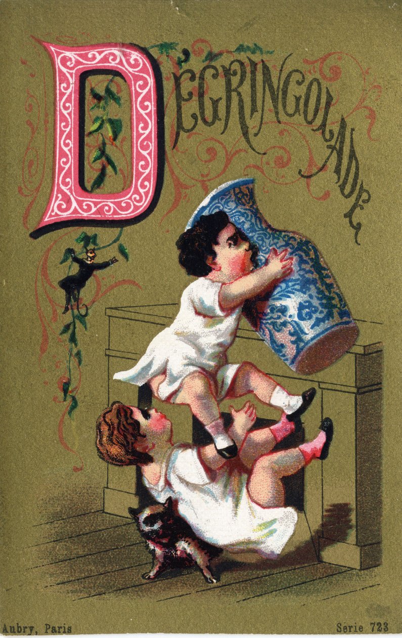 D harfi: Degringolade. "Alphabet des grotesques" de gravür. Dore bir arka plan üzerinde 25 reklam kromolitograf serisi, 19. yüzyılın sonlarında. Karartma: 11x7 cm by Unbekannt