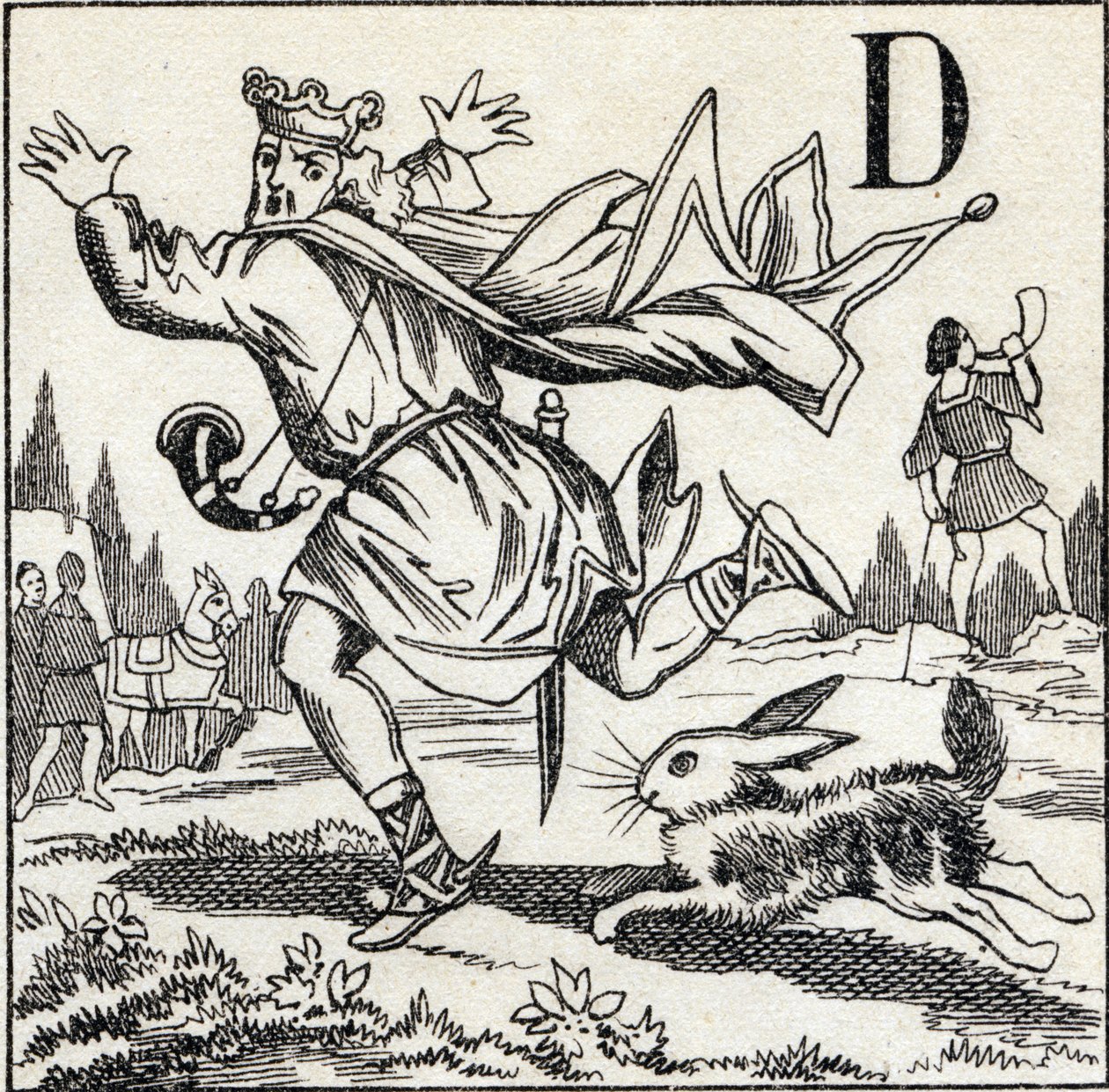 D Harfi: Bir tavşan tarafından takip edilen Kral Dagobert. "ABC Les Images en Alphabet" de gravür. Epinal görüntüleme. Pellerin ve Cie, matbaacı-yayıncı, Epinal, 19. yüzyıl sonu, 1890 dolayları. 10 sayfa. Karartma: 19,5 x 13,5 cm by Unbekannt