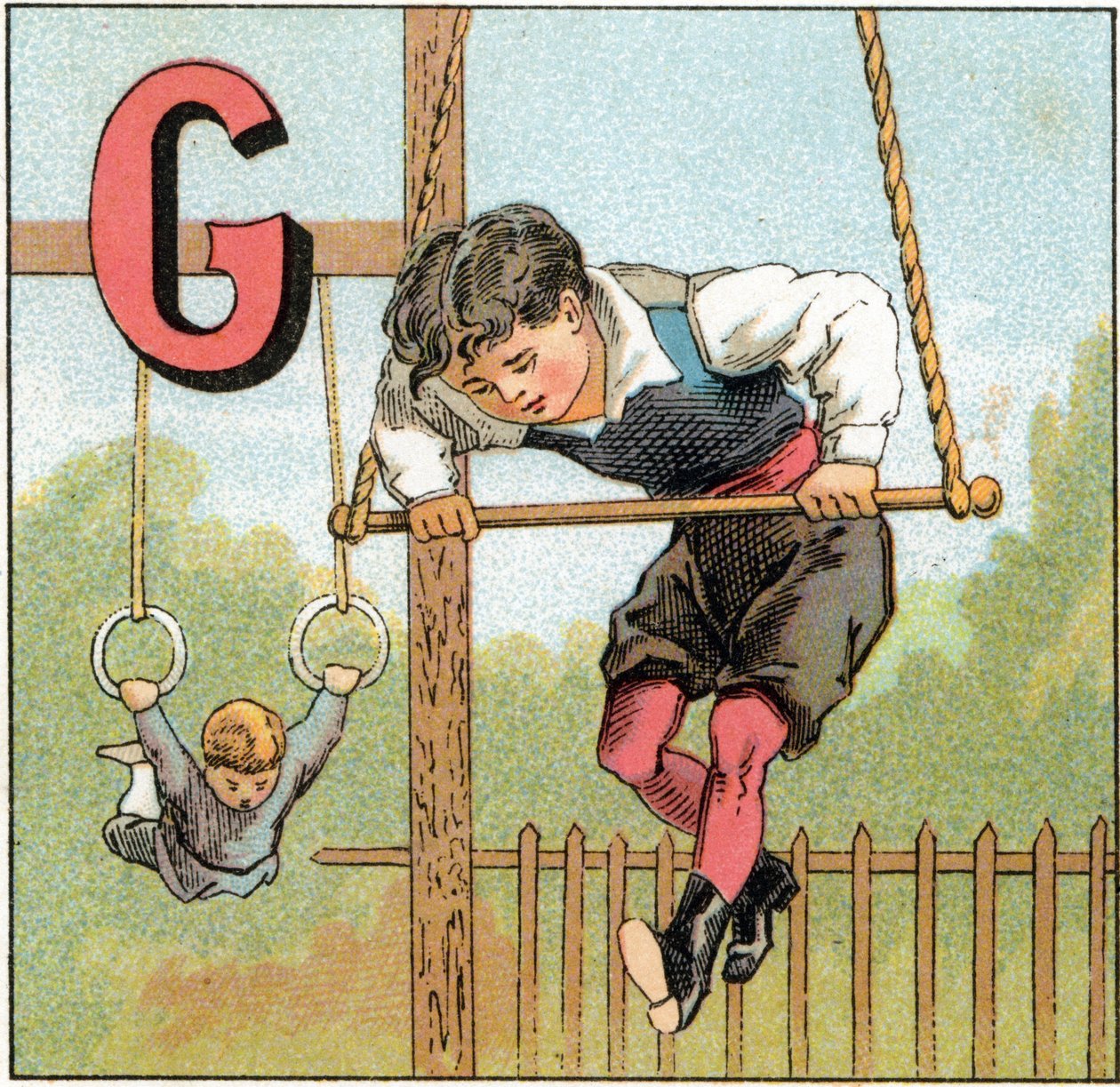Jimnastik için G harfi. "Alphabet des petits ecoliers" de gravür. Epinal
