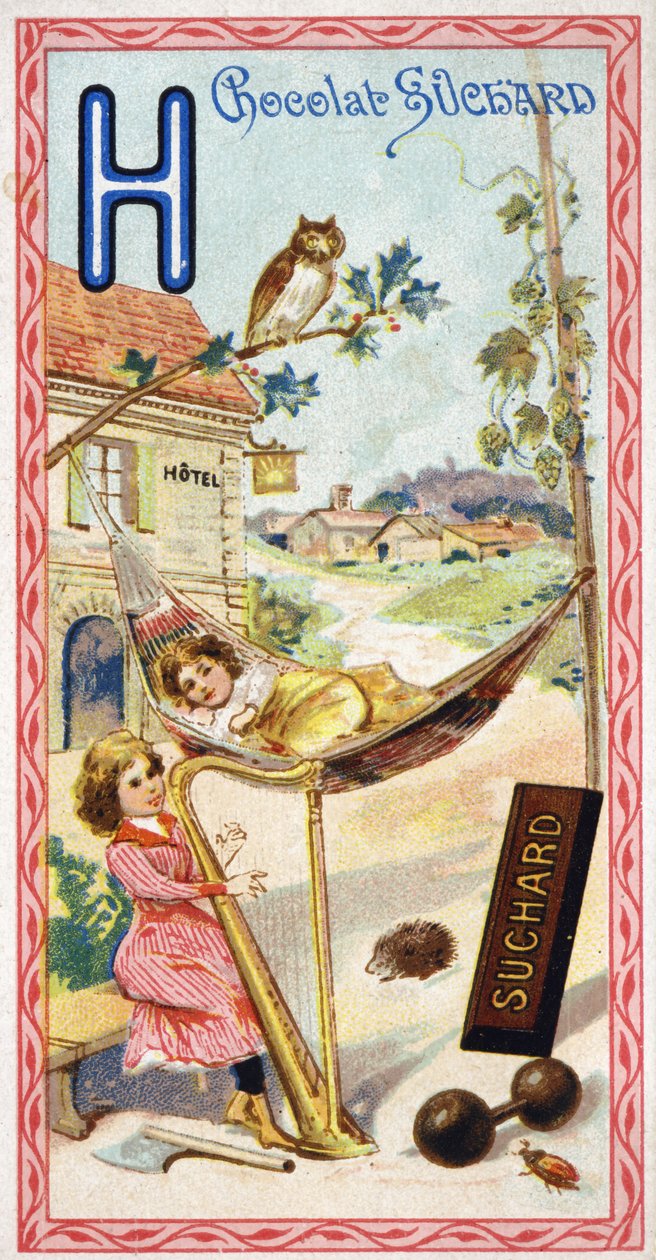 H harfi: otel, baykuş, hamak, arp, balta, herisson, şerbetçiotu, halter, chabbing, mezra. 20. yüzyılın başlarında Chocolat Suchard tarafından düzenlenen Alfabenin gravürü. Keşfedilecek yerleri, karakterleri ve nesneleri temsil eden 24 kromolitograf by Unbekannt