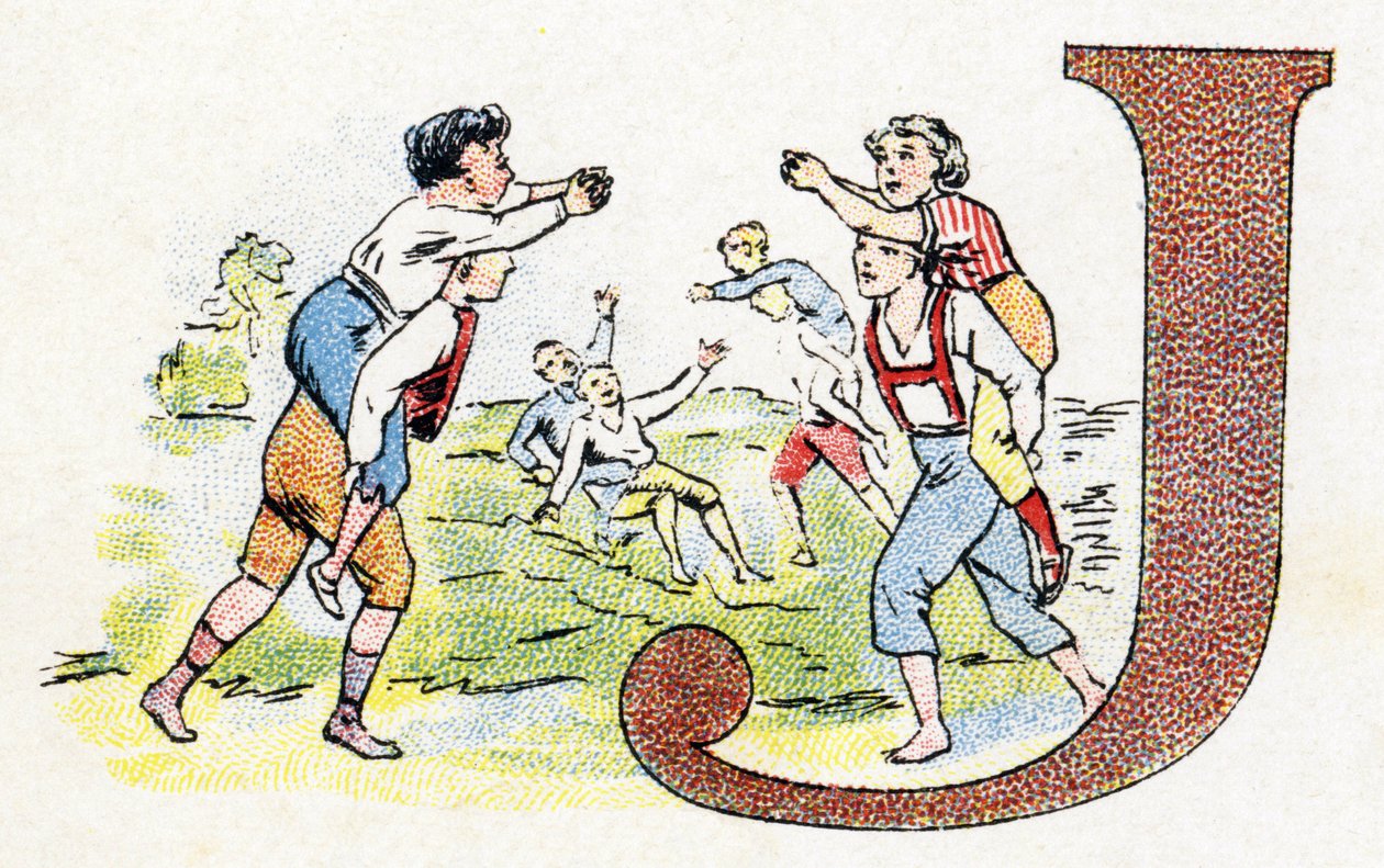 J harfi: Oyun. Fosfatin Faliere Alfabesi . Oymak. Brevete alfabesi S.G.D.G. eczacı Pierre Emile Falières tarafından. Kromolitografideki çizimler, 19. yüzyılın sonlarında. 16 sayfa. Karartma: 103x154mm by Unbekannt
