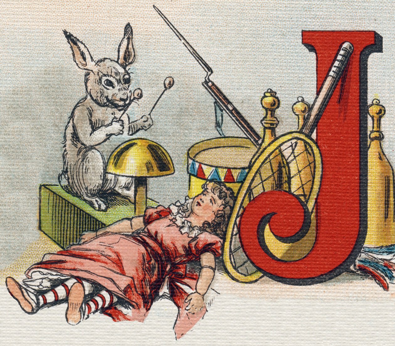 J harfi: oyuncaklar. "Alphabet de ma petite fille" gravürü. Bernardin-Bechet ve Fils, kitapçı-yayıncılar, Paris, 1895 civarı. Tuval üzerine kırılmaz albüm. Bibliotheque des Bebes. 12 sayfa. Bir okuma yöntemi ve açıklayıcı bir abecedary içeren albüm by Unbekannt