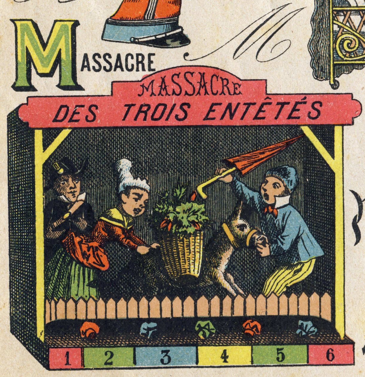 M harfi "ABC Oyuncakları"nda gravür. 1890 dolaylarında kromolitografide epinal görüntüleme. 8 sayfalık küçük kitapçık. Dim: 195x135mm, 4. kapakta reklam almak için tasarlanmıştır. Evde kullanır, şanlı bir abecedary ve küçük bir okuma yöntemi sunar. by Unbekannt