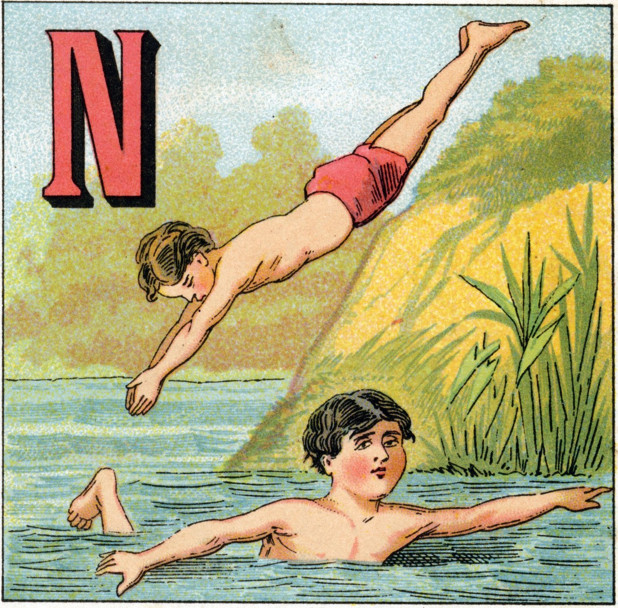 Yüzme için N harfi. "Alphabet des petits ecoliers" de gravür. Epinal
