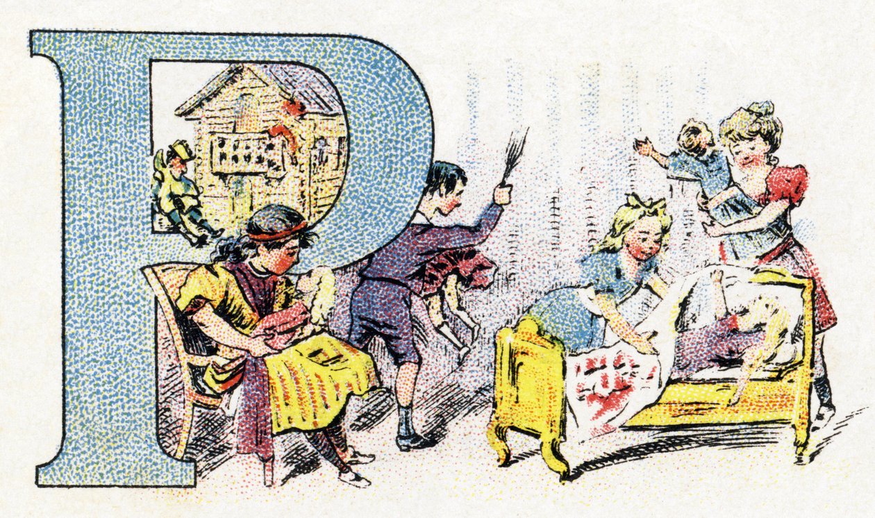 Harf P: Bebek Polichinelle. Fosfatin Faliere Alfabesi . Oymak. Brevete alfabesi S.G.D.G. eczacı Pierre Emile Falières tarafından. Kromolitografideki çizimler, 19. yüzyılın sonlarında. 16 sayfa. Karartma: 103x154mm by Unbekannt