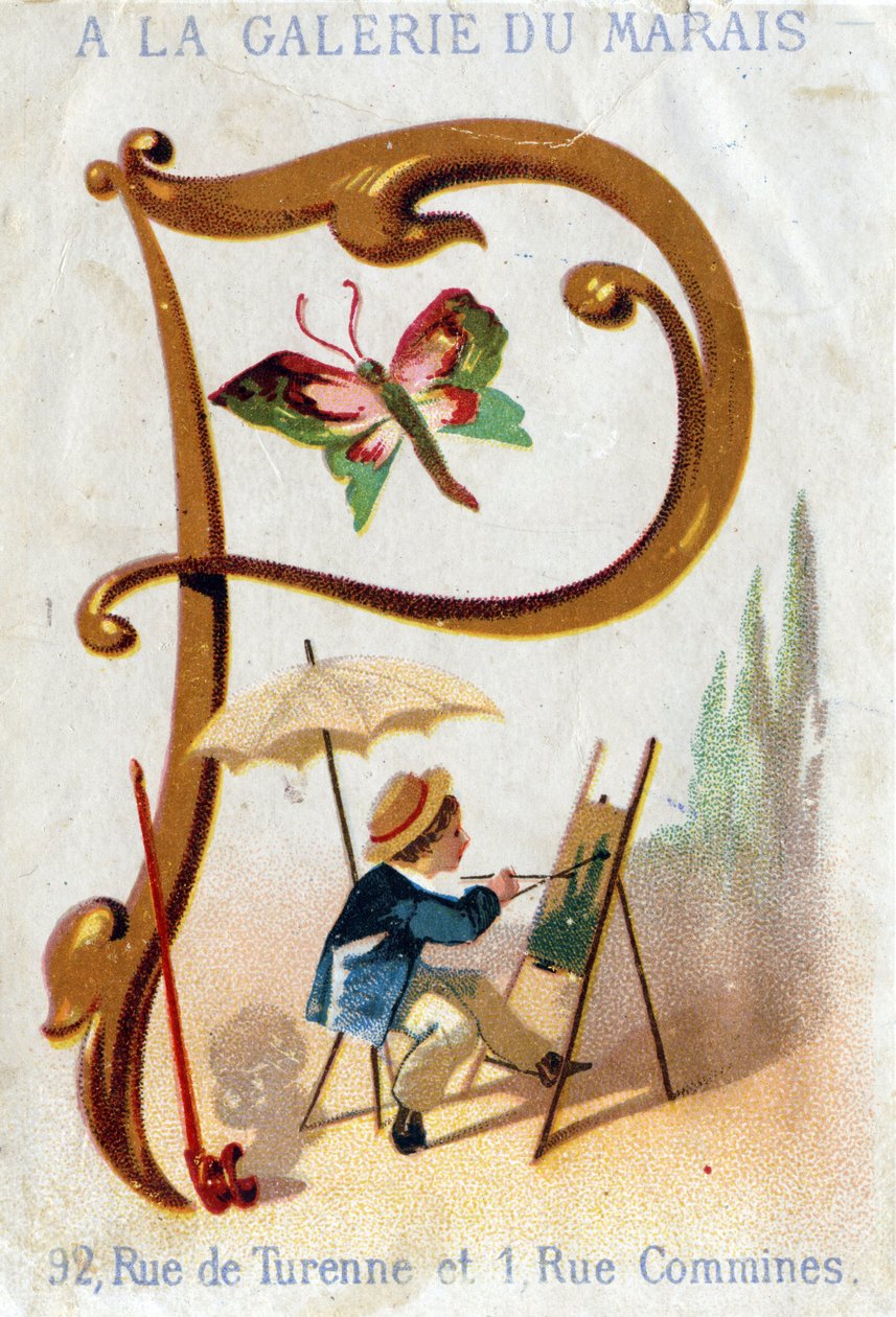 P harfi: ressam, kelebek, şemsiye, boru. Alfabe Art Nouveau: 25 reklam kromolitograf serisi. 19. yüzyılın sonlarında Alfred Clarey tarafından litografi. 115x75mm karartma by Unbekannter Künstler