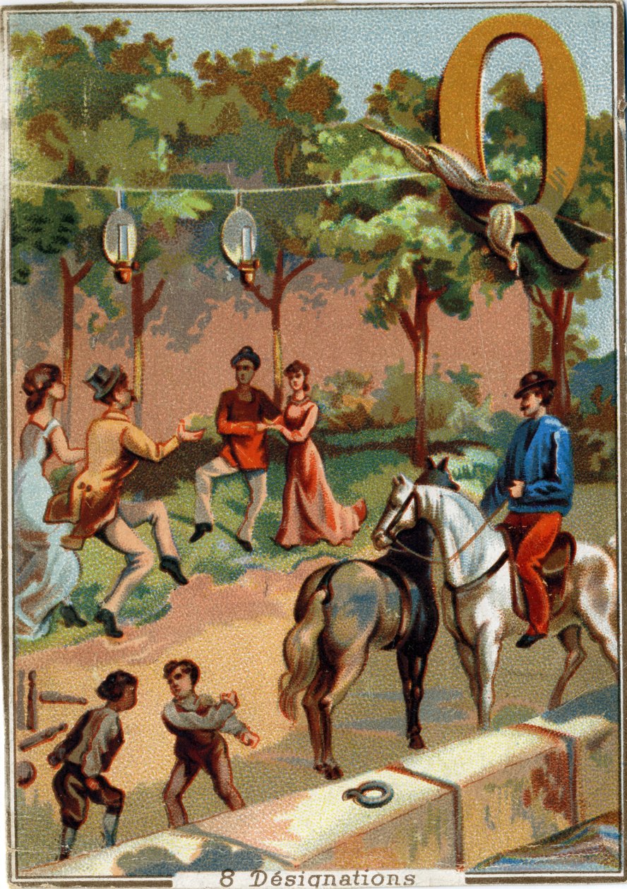 Q harfi: kadril; kavga; bowling; uzun kuyruk; quinquets; dört; iskele alfabe. Her görüntüde, temsilleri sahnelenen bir dizi şanlı kelime vardır. Paris Litografisinin kromolitografları, yaklaşık 1890. Dim: 10,7x7,5cm . by Unbekannt