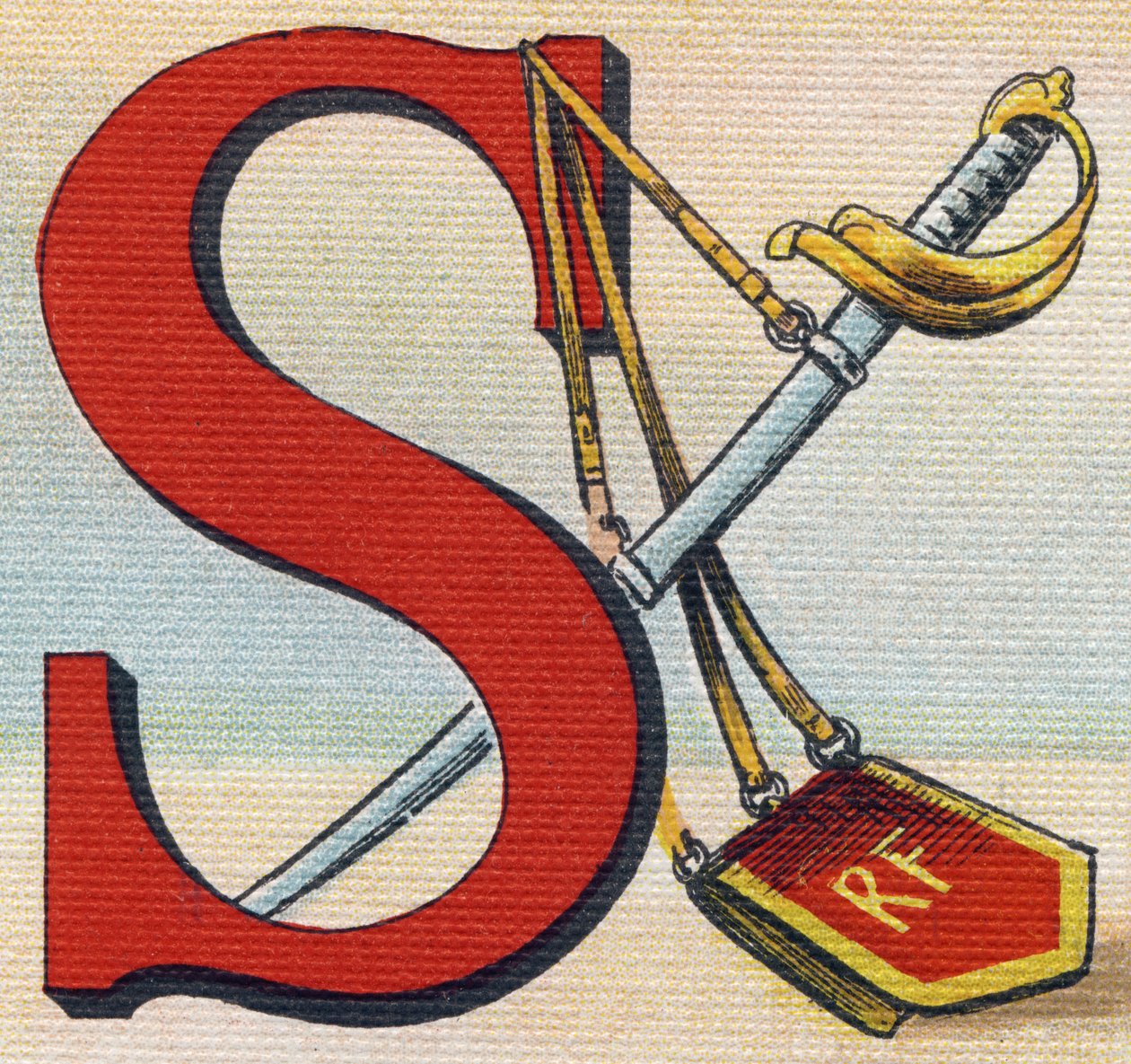 S harfi: Sabre. "Alphabet de ma petite fille" gravürü. Bernardin-Bechet ve Fils, kitapçı-yayıncılar, Paris, 1895 civarı. Tuval üzerine kırılmaz albüm. Bibliotheque des Bebes. 12 sayfa. Bir okuma yöntemi ve açıklayıcı bir abecedar içeren albüm by Unbekannt