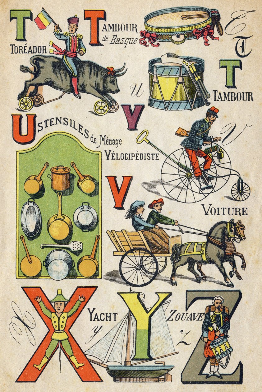 Harf T , U , V , X, Y ve Z . "ABC Oyuncakları"nda gravür. 1890 dolaylarında kromolitografide epinal görüntüleme. 8 sayfalık küçük kitapçık. Dim: 195x135mm, 4. kapakta reklam almak için tasarlanmıştır. Evde kullanır, şanlı bir çocuk ve sm sunar. by Unbekannt