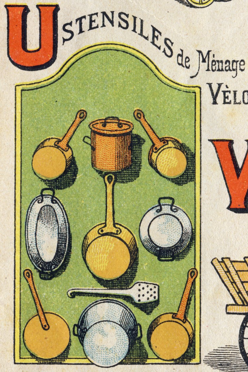 U harfi Cocote, soba, sincap, tencere... "ABC Oyuncaklar" gravürü. 1890 dolaylarında kromolitografide epinal görüntüleme. 8 sayfalık küçük kitapçık. Dim: 195x135mm, 4. kapakta reklam almak için tasarlanmıştır. Evde kullanır, şanlı bir ab sunar by Unbekannt
