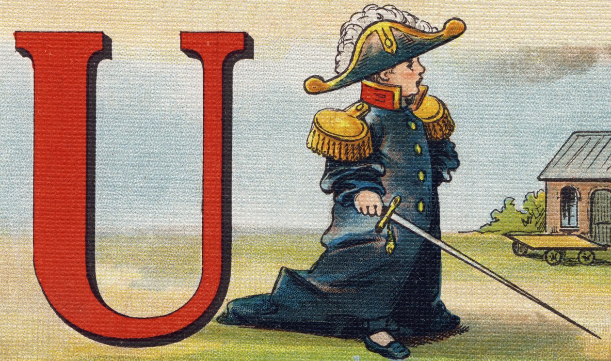 U harfi: üniforma. "Alphabet de ma petite fille" gravürü. Bernardin-Bechet ve Fils, kitapçı-yayıncılar, Paris, 1895 civarı. Tuval üzerine kırılmaz albüm. Bibliotheque des Bebes. 12 sayfa. Bir okuma yöntemi ve açıklayıcı bir abeced içeren albüm by Unbekannt