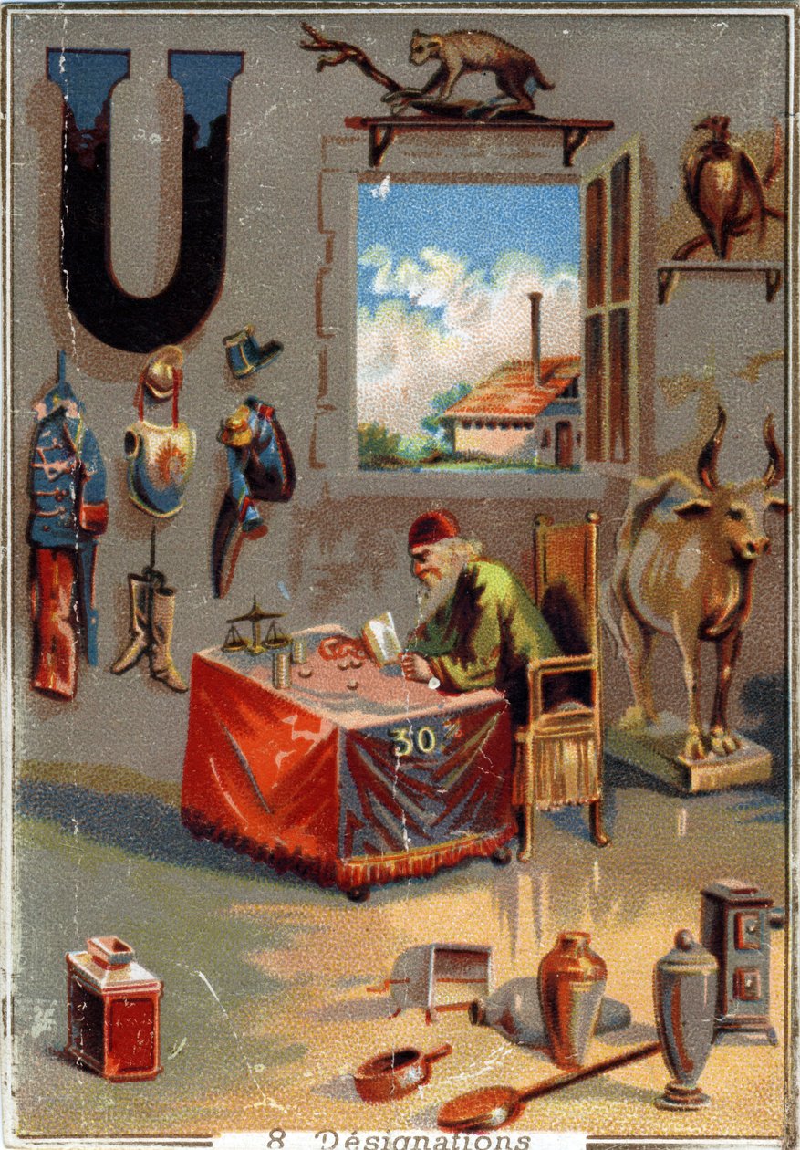 U harfi: üniformalar; vazo; urus; urubu; kredi daha keskin; mutfak eşyaları; fabrika. alfabe. Her görüntüde, temsilleri sahnelenen bir dizi şanlı kelime vardır. Paris Litografisinin kromolitografları, yaklaşık 1890. Dim: 10,7x7,5cm . by Unbekannt