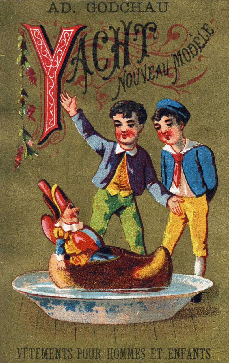 Y harfi: Yat yeni model. "Alphabet des grotesques" de gravür. Dore bir arka plan üzerinde 25 reklam kromolitograf serisi, 19. yüzyılın sonlarında. Karartma: 11x7 cm by Unbekannt