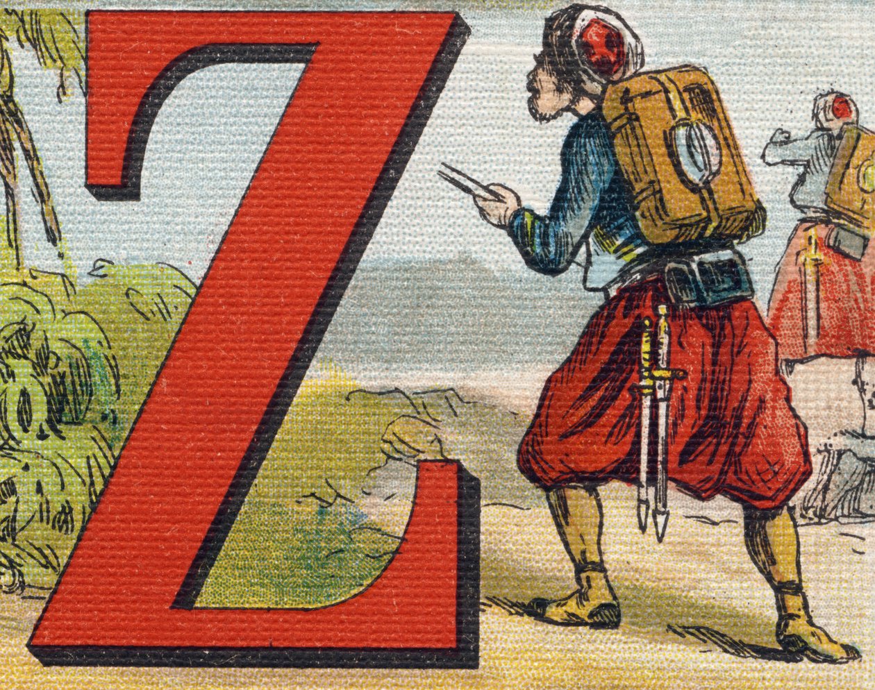 Z harfi: Zouave. "Alphabet de ma petite fille" gravürü. Bernardin-Bechet ve Fils, kitapçı-yayıncılar, Paris, 1895 civarı. Tuval üzerine kırılmaz albüm. Bibliotheque des Bebes. 12 sayfa. Bir okuma yöntemi ve açıklayıcı bir abeceda içeren albüm by Unbekannt