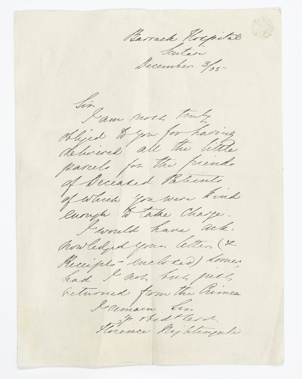 Florence Nightingale tarafından Scutari Barrack Hastanesi'ndeyken yazılan mektup (kağıt üzerine mürekkep) by Unbekannt