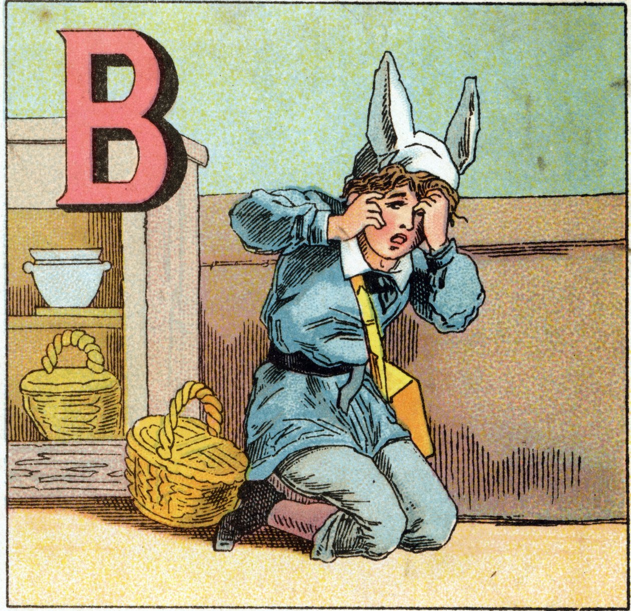 Eşek şapkası olarak B harfleri. "Alphabet des petits ecoliers" de gravür. Epinal