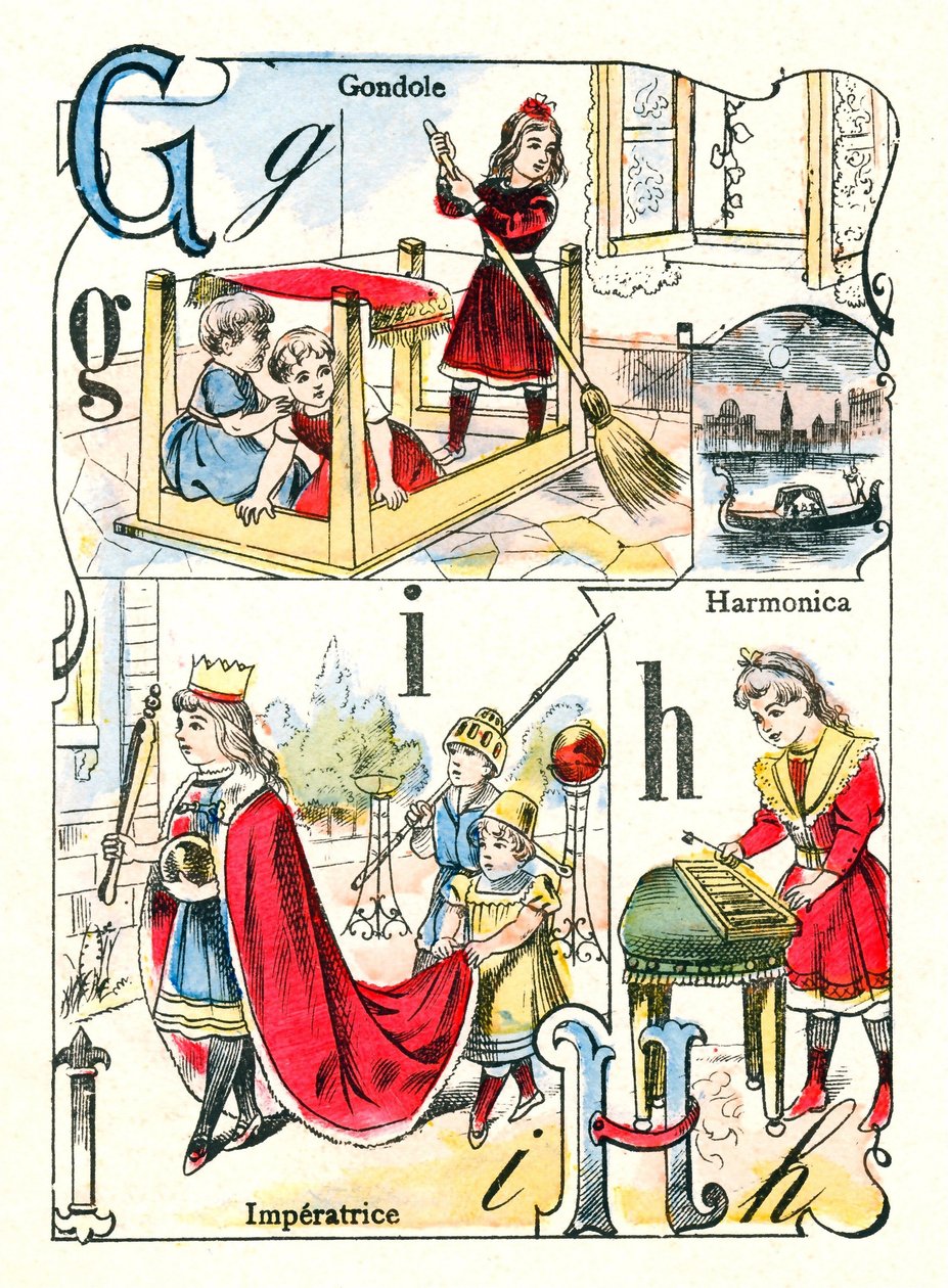 Harfler G, I ve H. Gondol, imperatrice ve armonika oynayan çocuklar. "Eğlenceli Alfabe" gravürü. Pont-a-Mousson