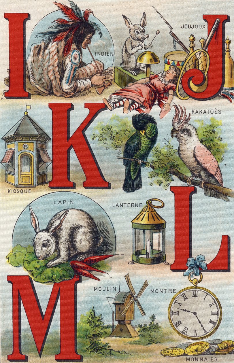 Harfler I JK L; Hintli; oyuncaklar; Kakatolar; Köşk; Fener; Tavşan; Madeni Paraları İzle; değirmen. "Torunumun Alfabesinde" gravür. Bernardin-Bechet ve Fils, kitapçı-yayıncılar, Paris, 1895 civarı. Tuval üzerine kırılmaz albüm. Bebek Kitaplığı. 12 by Unbekannt
