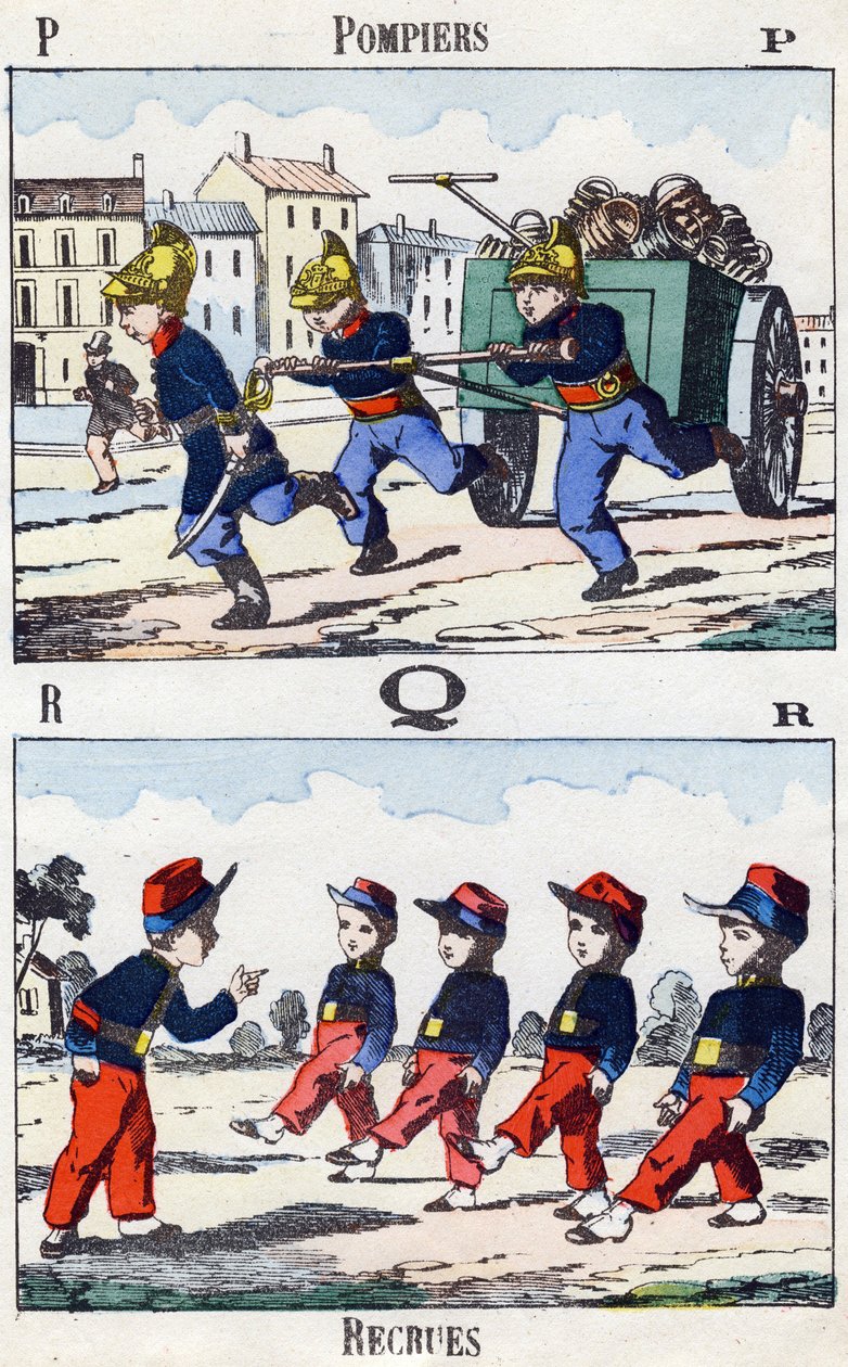 Harfler P Q R: İtfaiyeciler ve Acemiler. "Alphabet militaire enfantin"deki gravür”. 1890 dolaylarında Pont-a-Mousson görüntüleri. 20 sayfa. Karartma: 28,5x21cm by Unbekannt
