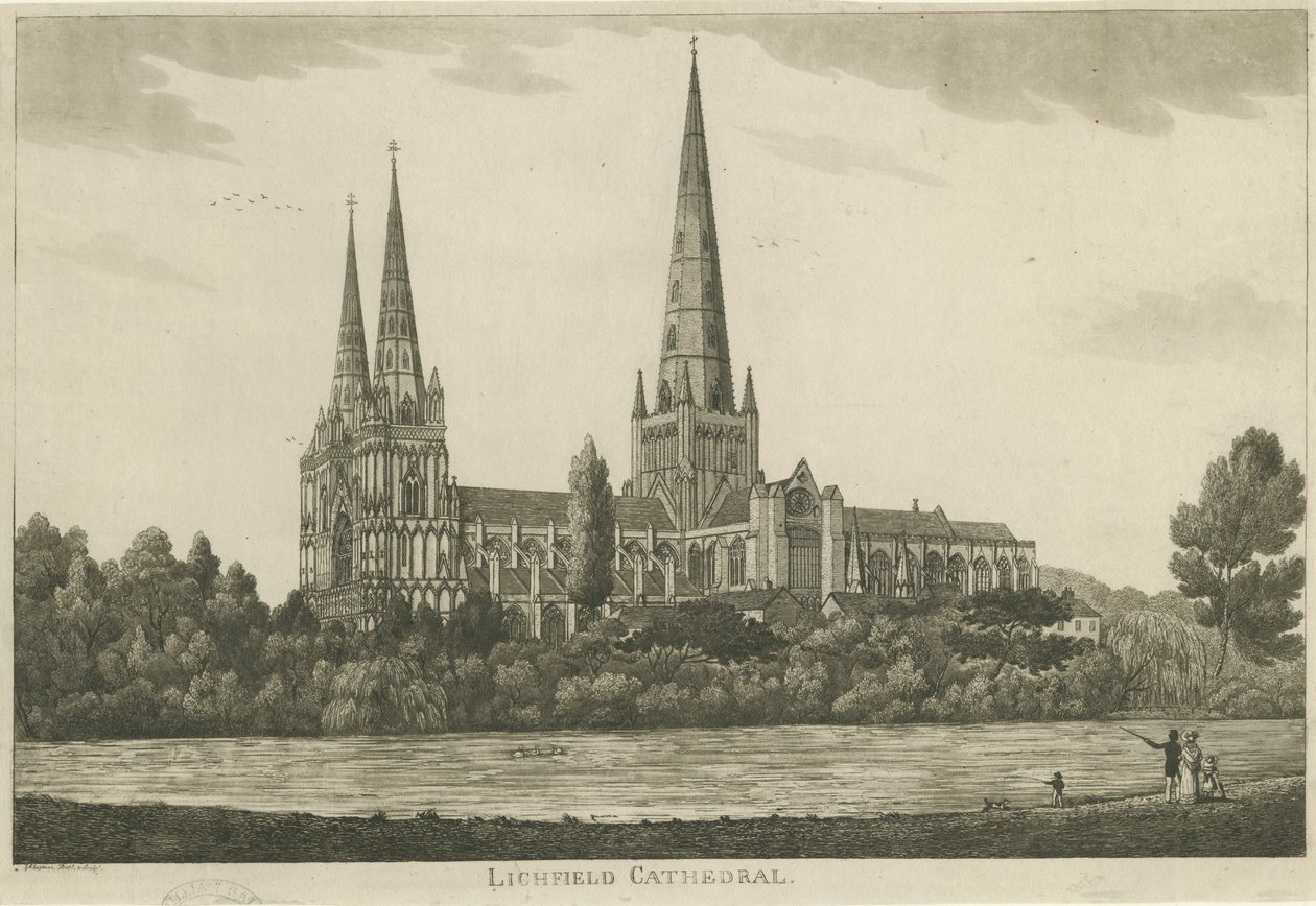 Lichfield Katedrali - Güney Görünümü: aquatint gravür, nd [c 1820-1830] by Unbekannt