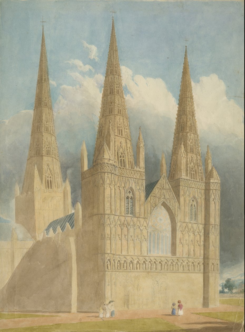 Lichfield Katedrali - Batı Cephesi: sulu boya ve [c 1840] by Unbekannt