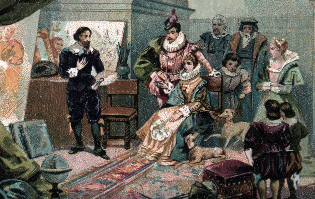 Louis XIII ve Anne of Austria, Rubens'in stüdyosunda, 19. yüzyılın sonları ( Kromolitografi ) by Unbekannter Künstler