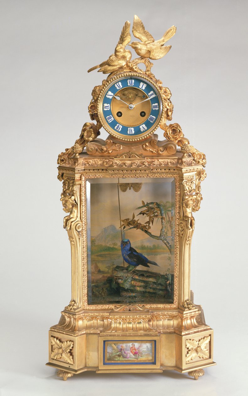 Mantel saat, porselene monte ormolu, şarkı söyleyen kuş otomatlı, Fransızca by Unbekannt
