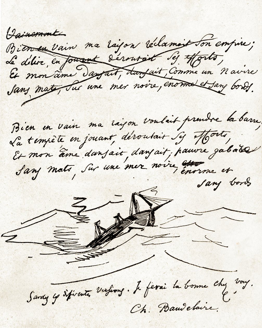 Charles Baudelaire'in el yazması, bir tekne çizimiyle resmedilmiştir. by Unbekannter Künstler