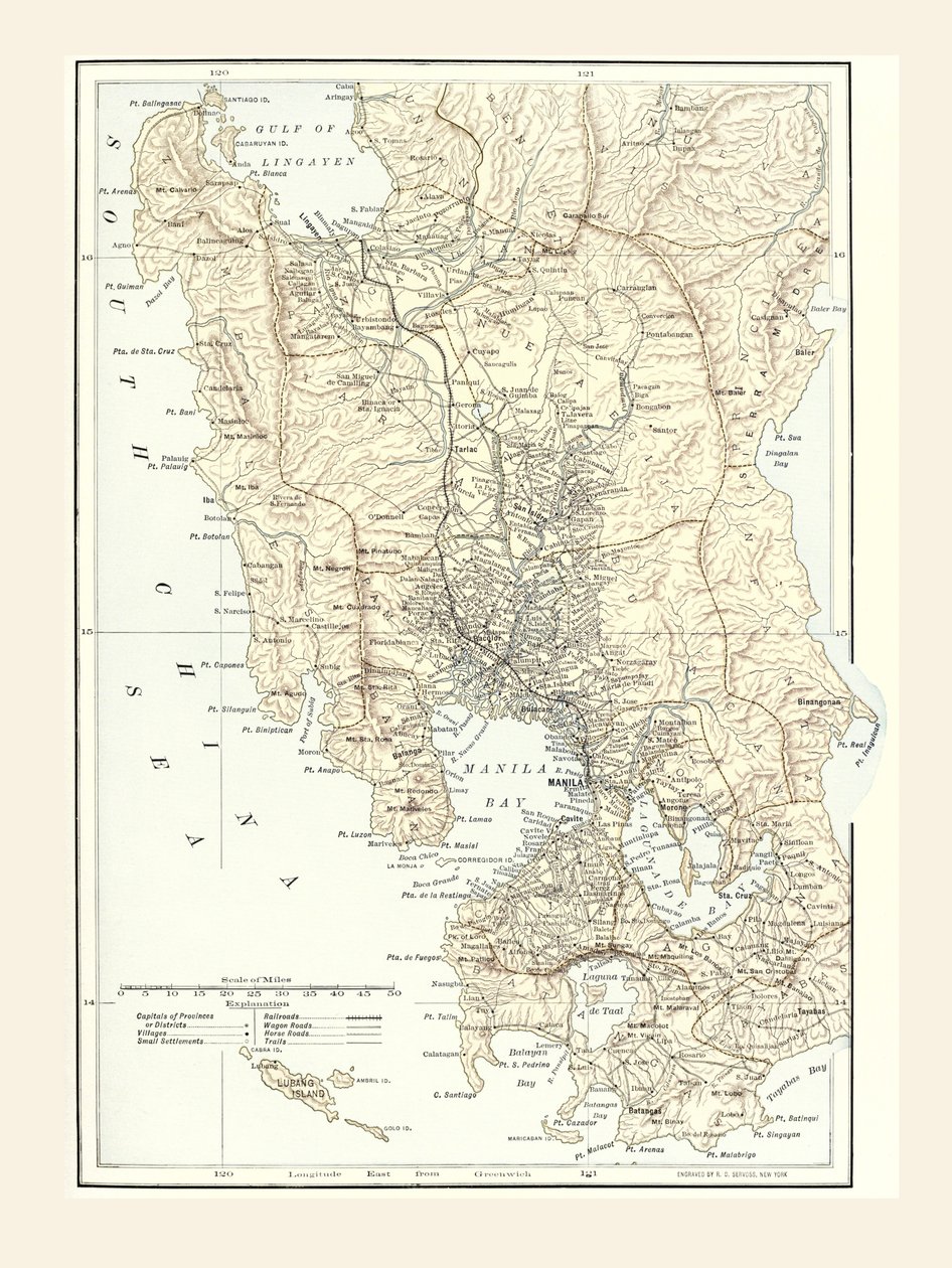 Manila, Filipinler haritası ve 1898 İspanyol-Amerikan Savaşı sırasında savaşın merkezi. by Unbekannt