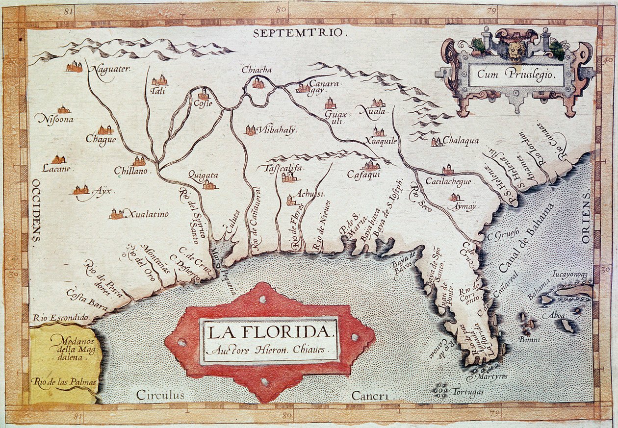 “Florida”nın haritalanması. Yengeç Dönencesi, Bahamalar ve Tortugas Adaları#39;nı görebiliriz. Haritacı Abraham Ortelius#39;un (1527-1598) yazdığı quot;Theatre Orbis Terrarumquot; adlı eser by Unbekannter Künstler