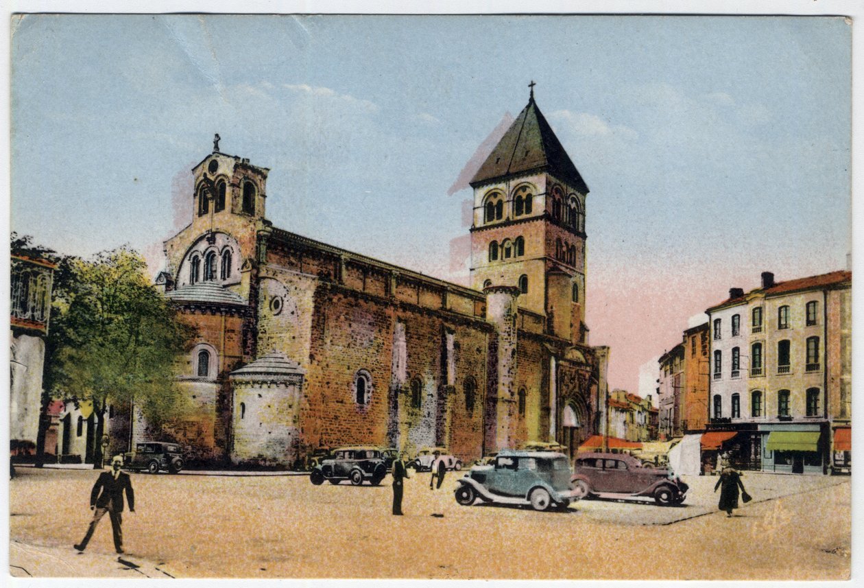 Midi Pyrenees, Haute-Garonne (31), Saint Gaudens (Saint-Gaudens): Saint Peter ve Saint Gaudens (Saint-Pierre ve Saint-Gaudens) kolej kilisesinin dış görünümü - 1951 tarihli kartpostal by William M. Timlin