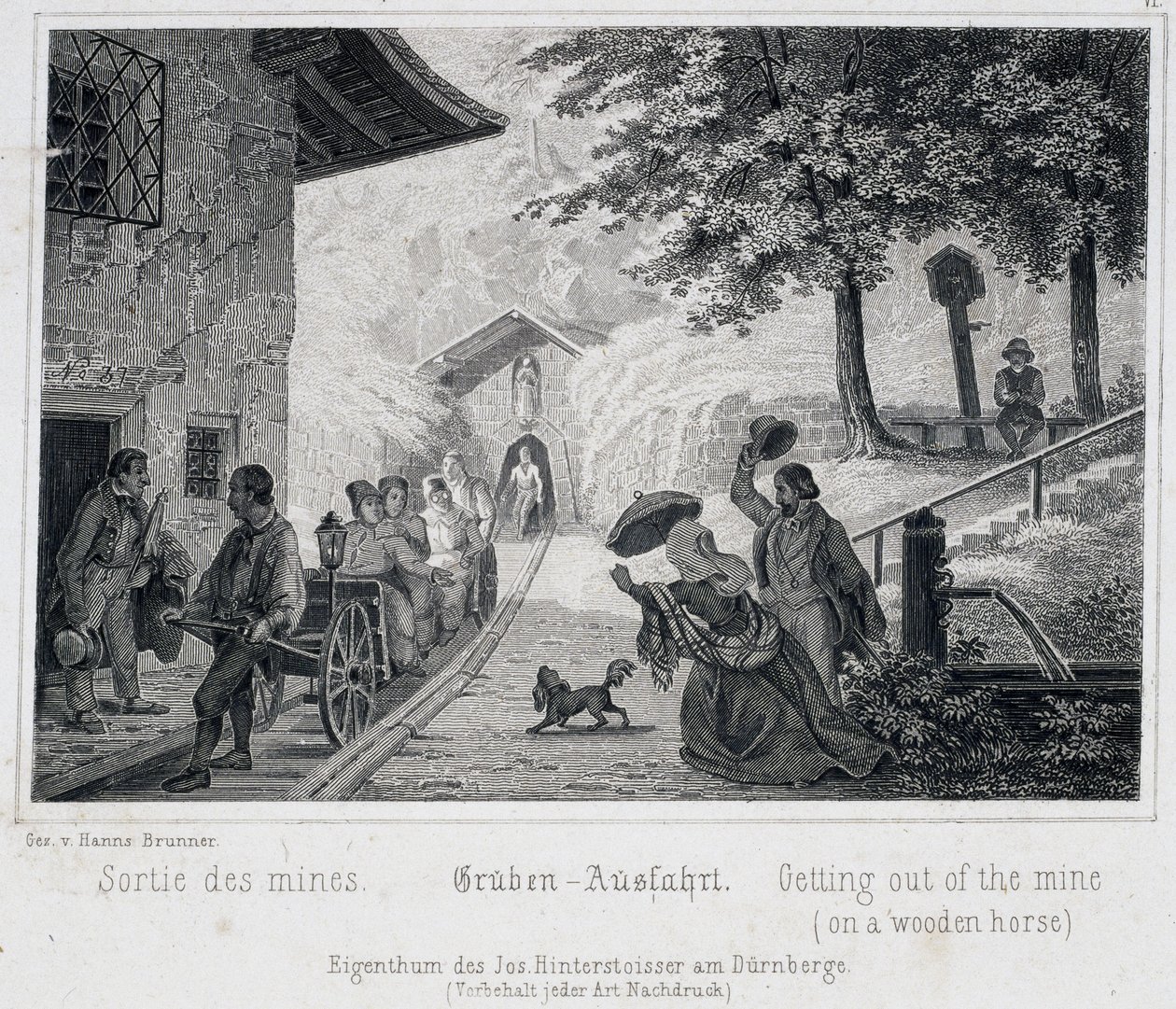 Tuz madeni: 1850 civarında Durrnburg, Avusturya'da raylar üzerinde çekilen ahşap bir araç üzerinde turistlerin madenden çıkışı by Unbekannt