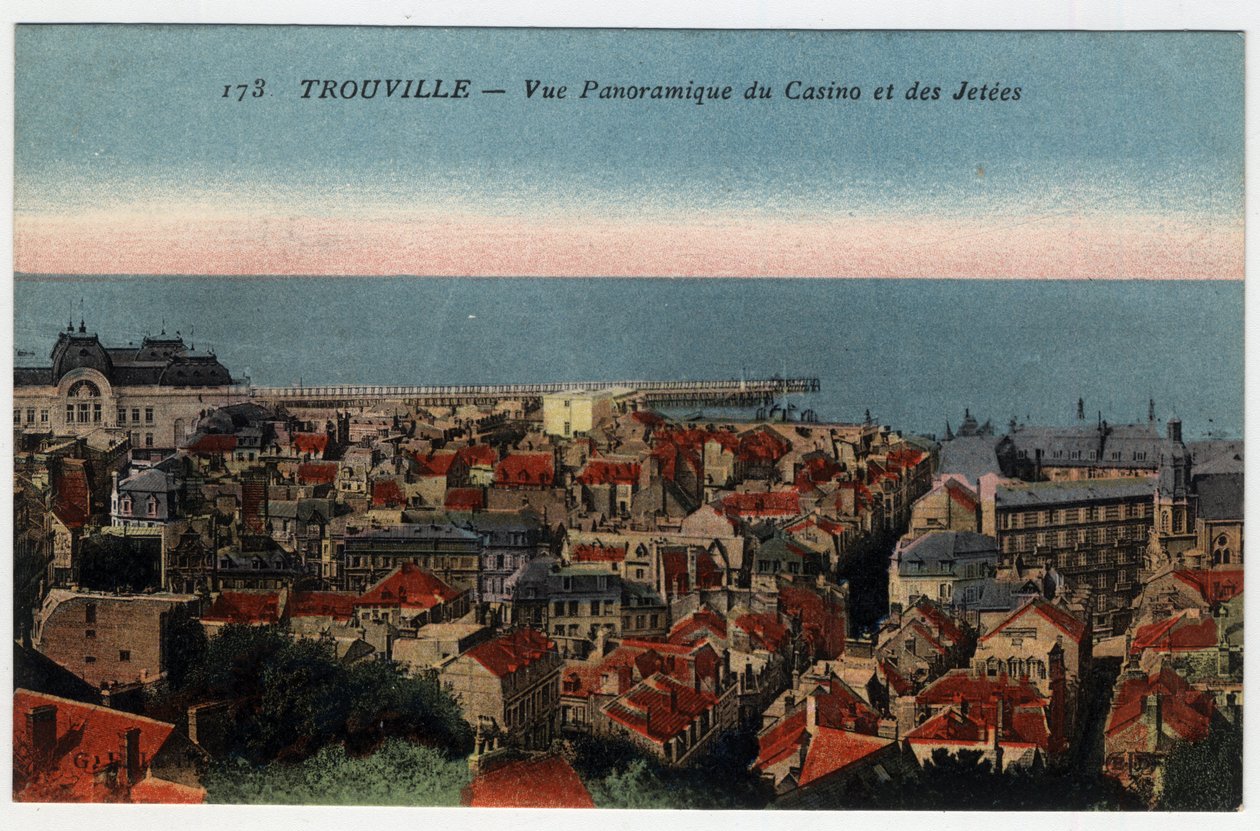 Normandiya, Calvados (14), Trouville: kumarhanenin ve iskelelerin panoramik manzarası - 19.-20. yüzyılın sonlarındaki kartpostal by William M. Timlin