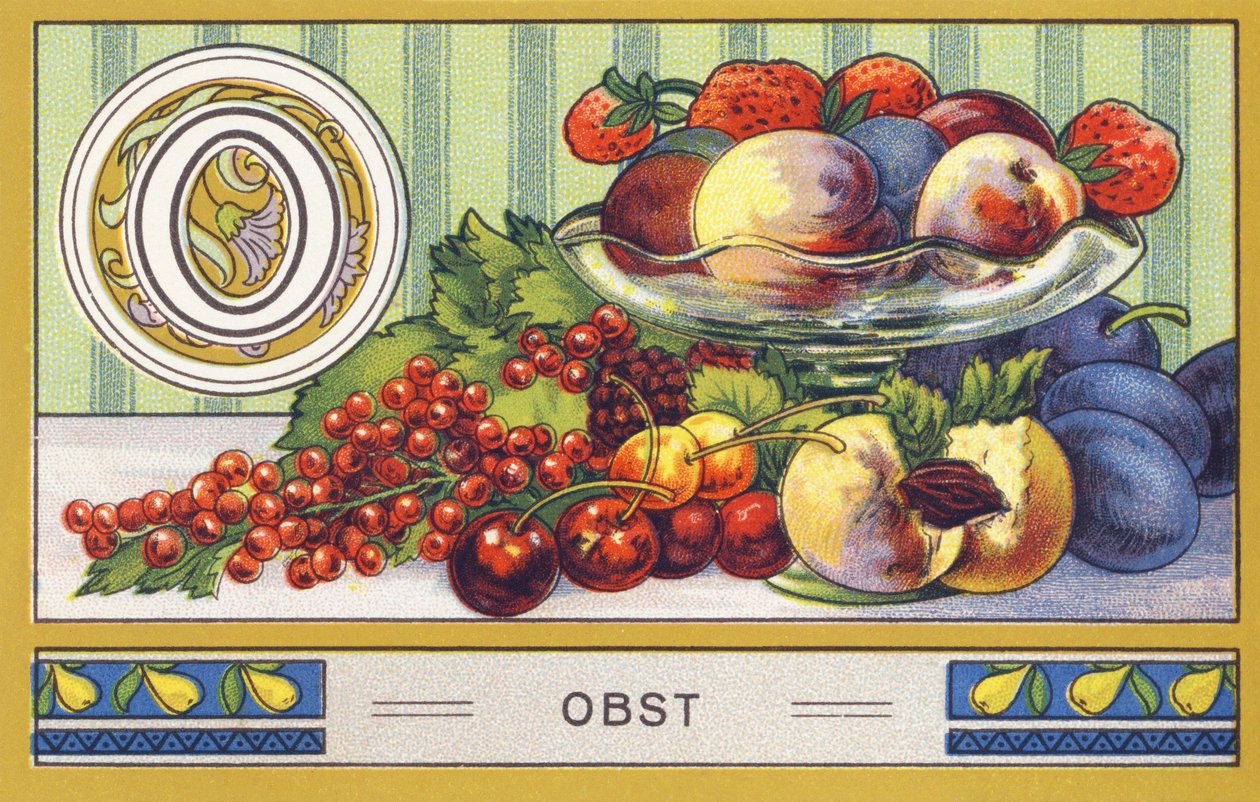 O : Meyve - Alfabe Palmin. Düzenleyen kromolitograf serisi H. Schlinck & Cie, Hamburg, s.d. . Publicite Palmin en iyi hindistancevizi yağını dökün. Boyutlar : 7 x 11 cm by William M. Timlin